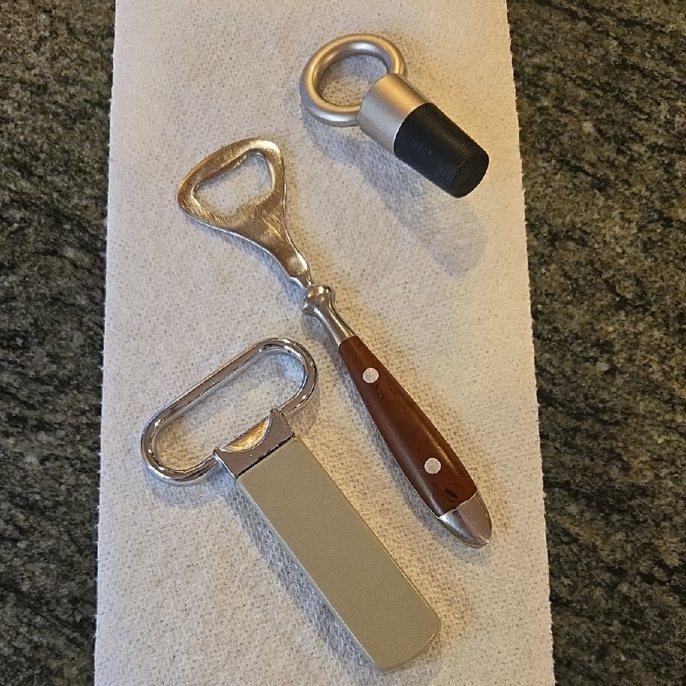 Bar Accessories: 2-Prong Cork Puller Wine Opener, Bottle Opener & Bottle Stopper